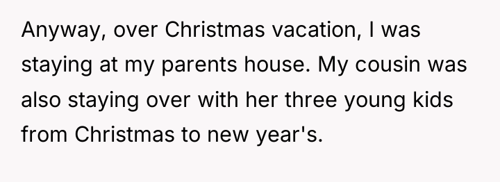 Anyway, over Christmas vacation, I was staying at my parents...