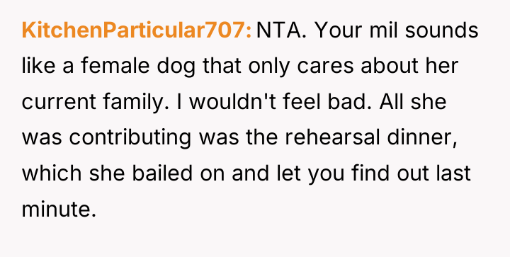 KitchenParticular707 NTA. Your mil sounds like a female dog that...