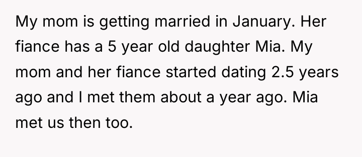 My mom is getting married in January. Her fiance has...