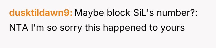 dusktildawn9 Maybe block SiL's number?: NTA I'm so sorry this...