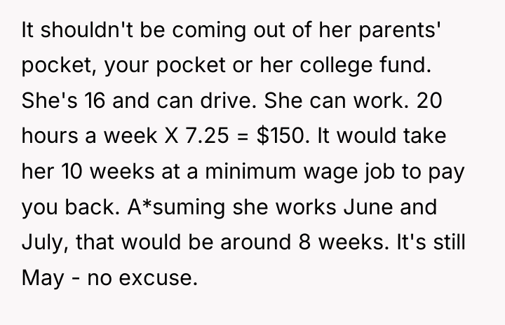 It shouldn't be coming out of her parents' pocket, your...