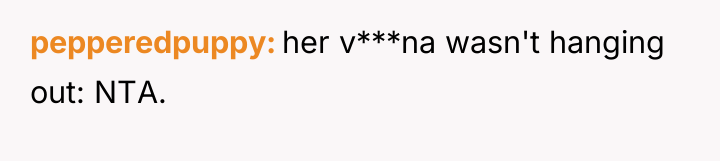 pepperedpuppy her v***na wasn't hanging out: NTA.