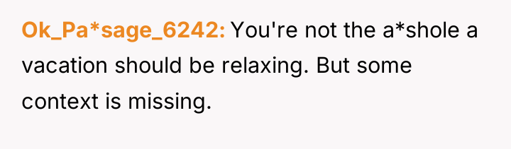 Ok_Pa*sage_6242 You're not the a*shole a vacation should be relaxing....