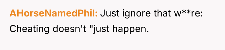 AHorseNamedPhil Just ignore that w**re: Cheating doesn't "just happen.