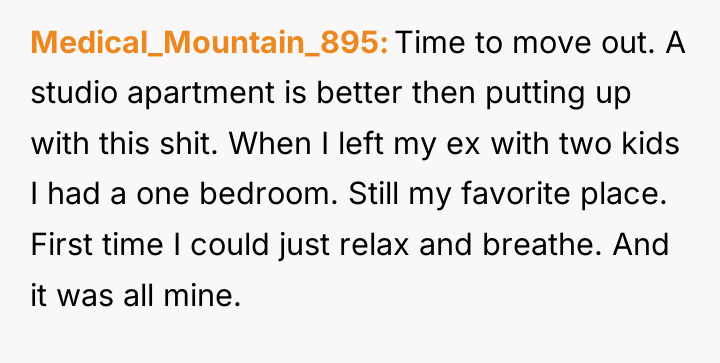 Medical_Mountain_895 Time to move out. A studio apartment is better...