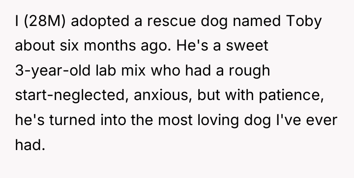 I (28M) adopted a rescue dog named Toby about six...