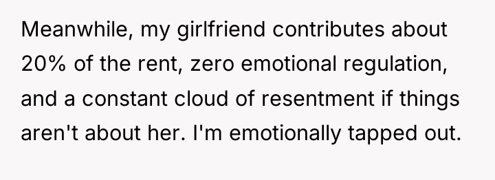Meanwhile, my girlfriend contributes about 20% of the rent, zero...