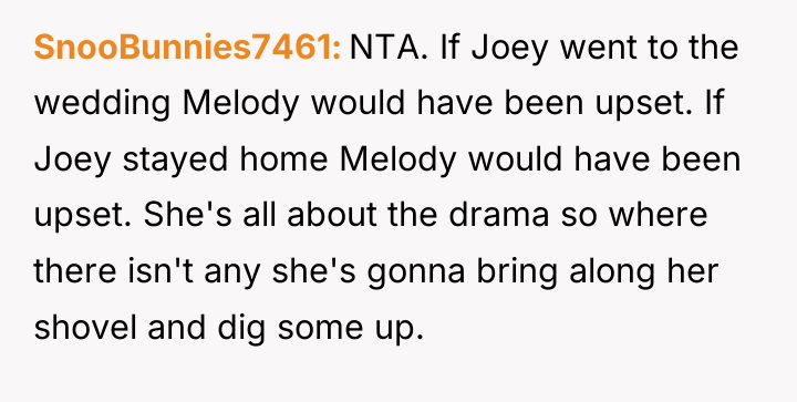SnooBunnies7461 NTA. If Joey went to the wedding Melody would...