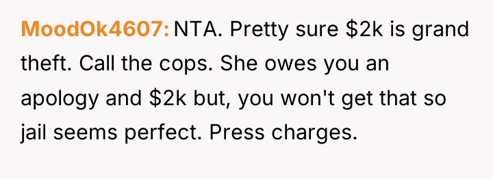 MoodOk4607 NTA. Pretty sure $2k is grand theft. Call the...