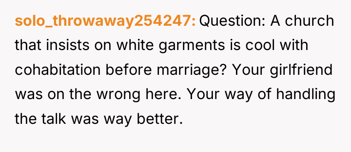 solo_throwaway254247 Question: A church that insists on white garments is...