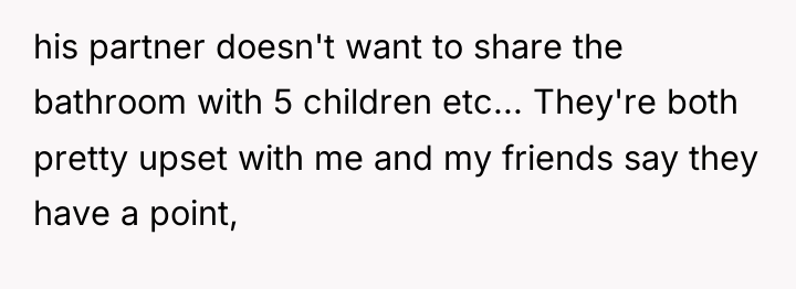 his partner doesn't want to share the bathroom with 5...