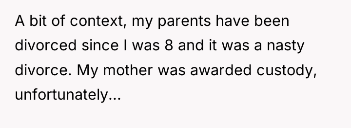 A bit of context, my parents have been divorced since...
