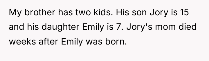 My brother has two kids. His son Jory is 15...