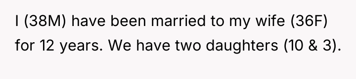 I (38M) have been married to my wife (36F) for...