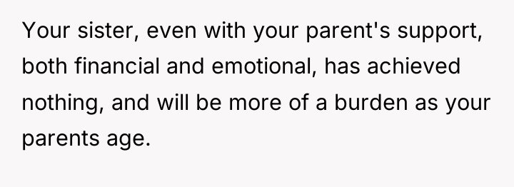 Your sister, even with your parent's support, both financial and...