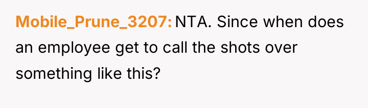 Mobile_Prune_3207 NTA. Since when does an employee get to call...