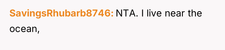 SavingsRhubarb8746 NTA. I live near the ocean,