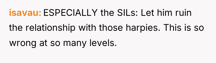isavau ESPECIALLY the SILs: Let him ruin the relationship with...