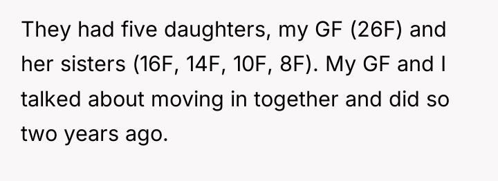 They had five daughters, my GF (26F) and her sisters...