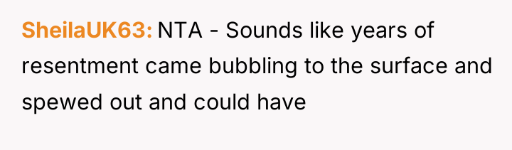 SheilaUK63 NTA - Sounds like years of resentment came bubbling...