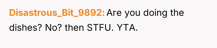 Disastrous_Bit_9892 Are you doing the dishes? No? then STFU. YTA.