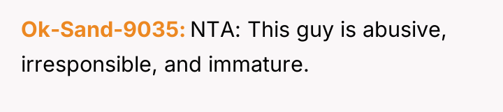 Ok-Sand-9035 NTA: This guy is abusive, irresponsible, and immature.