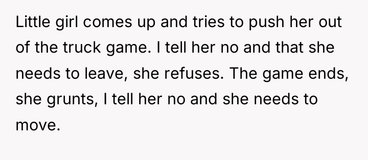 Little girl comes up and tries to push her out...
