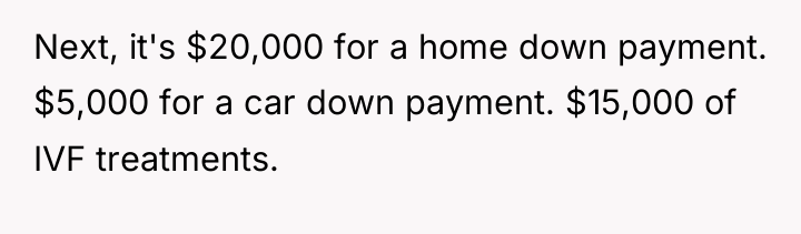 Next, it's $20,000 for a home down payment. $5,000 for...