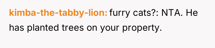 kimba-the-tabby-lion furry cats?: NTA. He has planted trees on your...