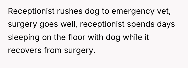 Receptionist rushes dog to emergency vet, surgery goes well, receptionist...