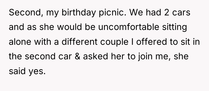 Second, my birthday picnic. We had 2 cars and as...