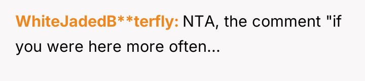 WhiteJadedB**terfly NTA, the comment "if you were here more often...