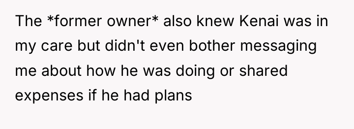 The *former owner* also knew Kenai was in my care...