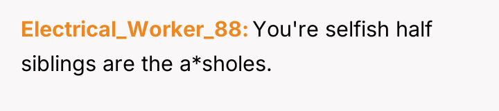 Electrical_Worker_88 You're selfish half siblings are the a*sholes.