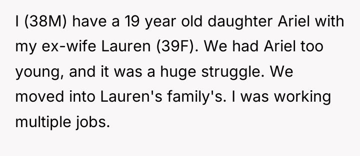 I (38M) have a 19 year old daughter Ariel with...