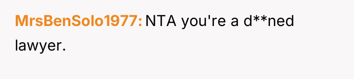 MrsBenSolo1977 NTA you're a d**ned lawyer.