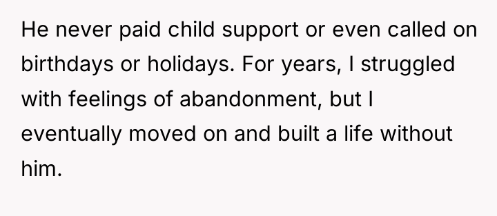 He never paid child support or even called on birthdays...