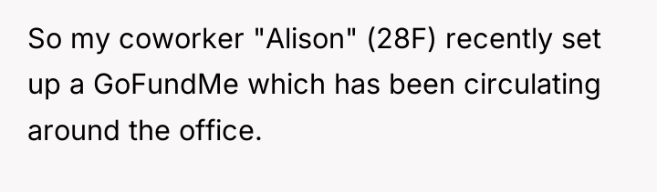 So my coworker "Alison" (28F) recently set up a GoFundMe...