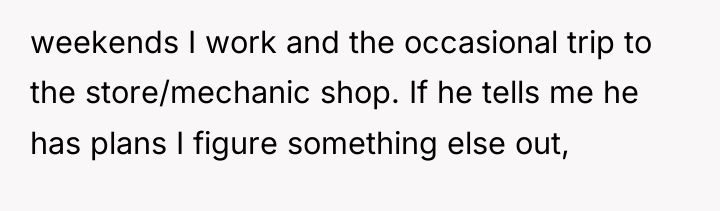 weekends I work and the occasional trip to the store/mechanic...