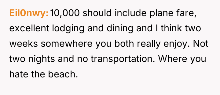 Eil0nwy 10,000 should include plane fare, excellent lodging and dining...