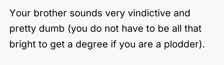 Your brother sounds very vindictive and pretty dumb (you do...