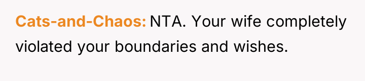 Cats-and-Chaos NTA. Your wife completely violated your boundaries and wishes.