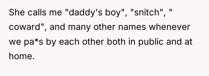 She calls me "daddy's boy", "snitch", " coward", and many...