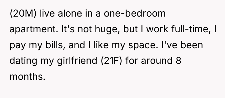 (20M) live alone in a one-bedroom apartment. It's not huge,...