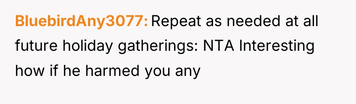 BluebirdAny3077 Repeat as needed at all future holiday gatherings: NTA...