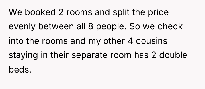 We booked 2 rooms and split the price evenly between...