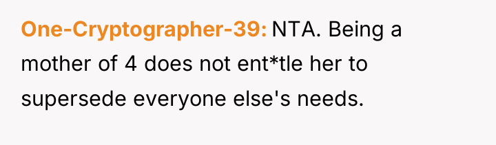 One-Cryptographer-39 NTA. Being a mother of 4 does not ent*tle...