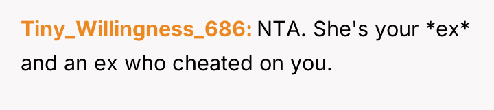 Tiny_Willingness_686 NTA. She's your *ex* and an ex who cheated...