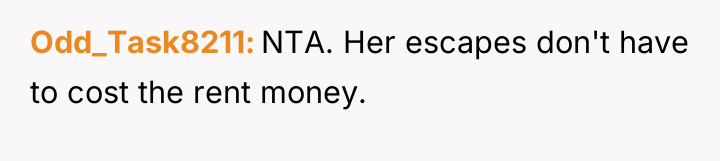 Odd_Task8211 NTA. Her escapes don't have to cost the rent...