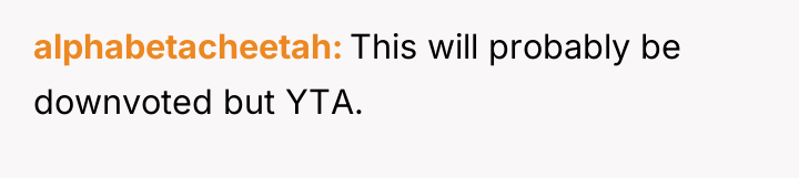 alphabetacheetah This will probably be downvoted but YTA.